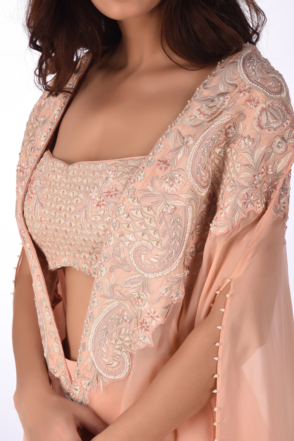 Blouse Jacket With Bottom Peach Embroidered  Blouse Set with Cape