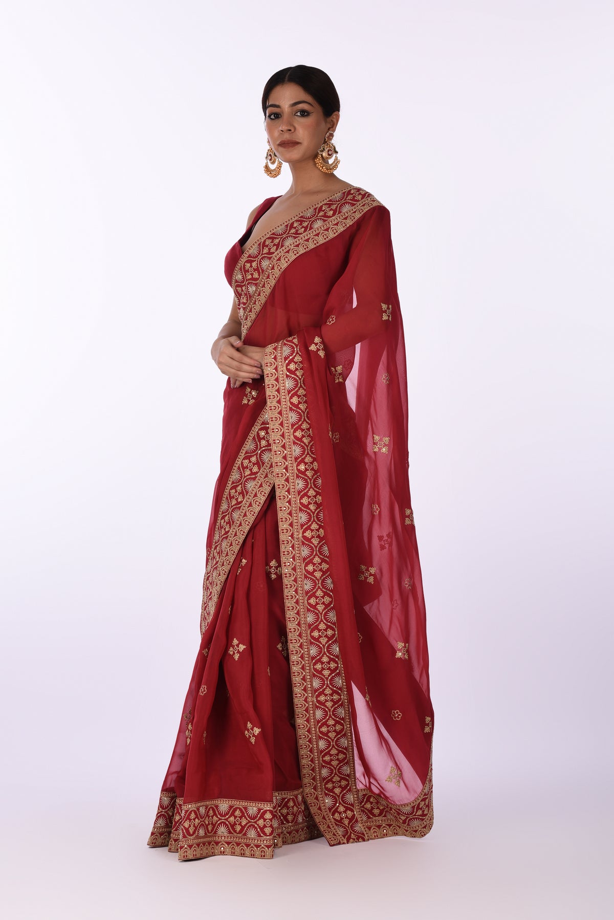 Saree With Blouse Elegant Red Organza Embroidered Saree
