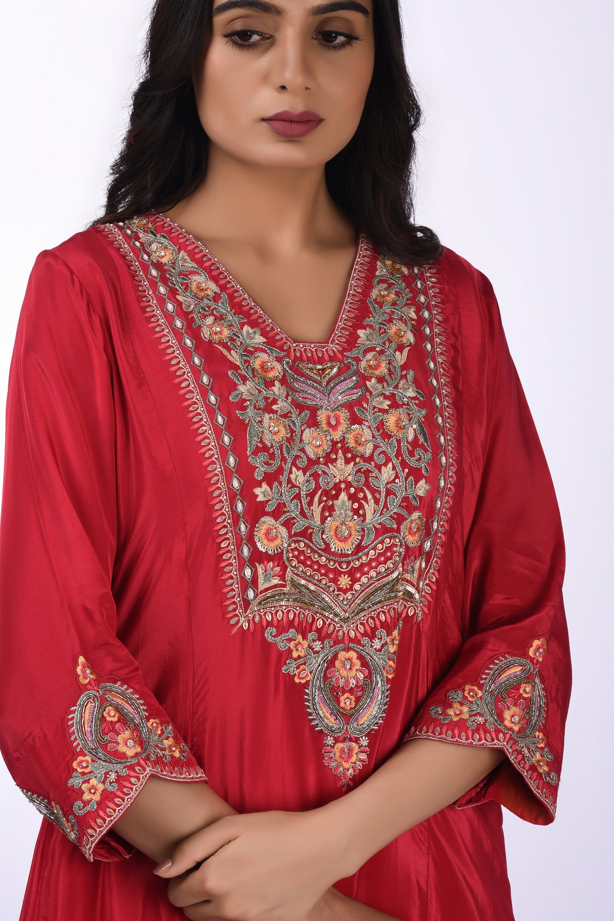 Kurti With Pants Elegant Red Embroidered  Kurta Set