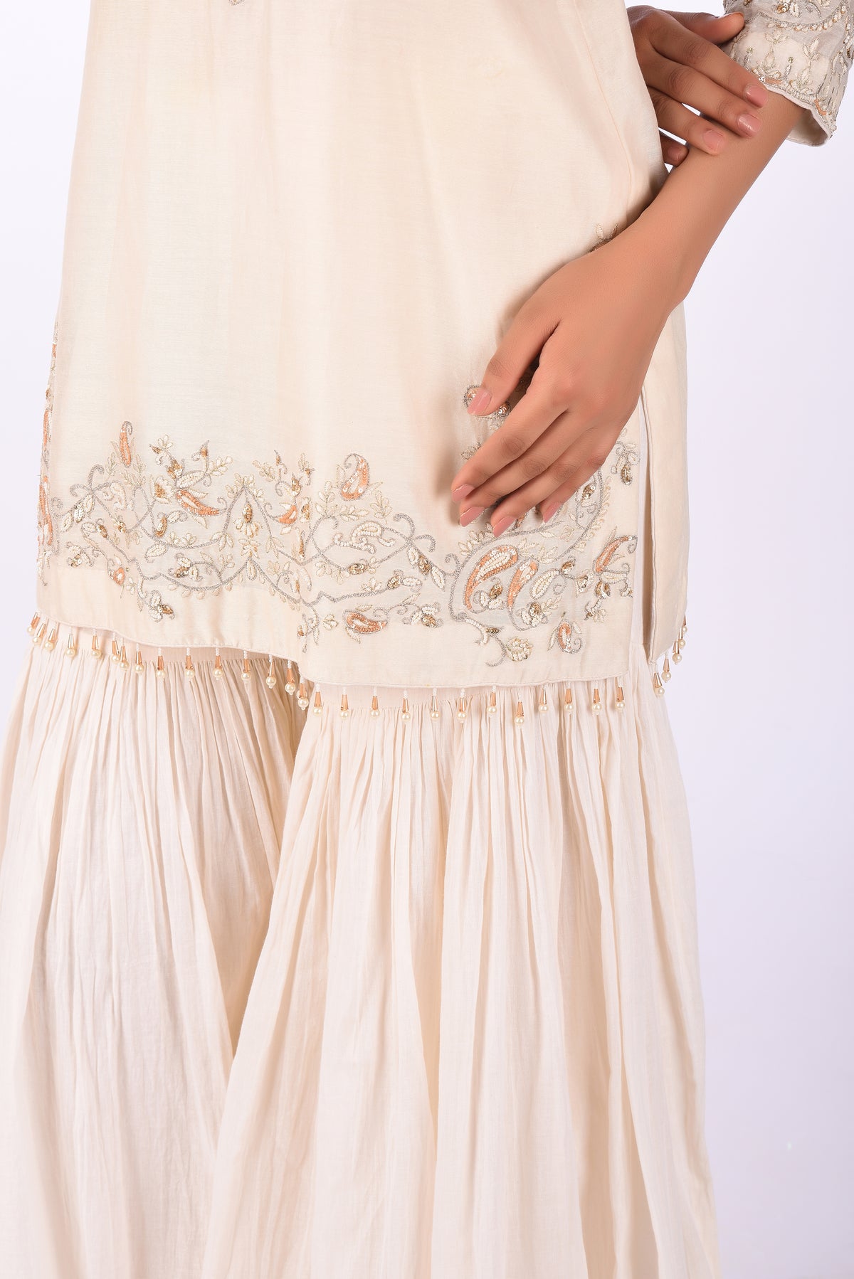 Embroidered Kurti Sharara Set Ivory Crushed Cotton Silk Kurta Sharara Set