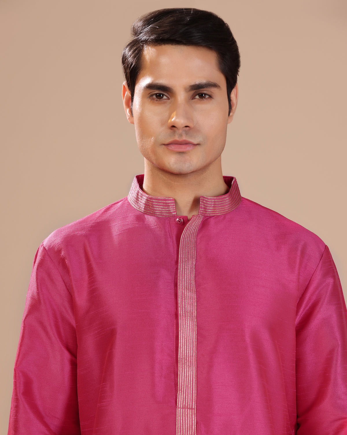 Men's Premium Rani Pink Dupion Silk Kurta Set With Subtle Embellished Placket