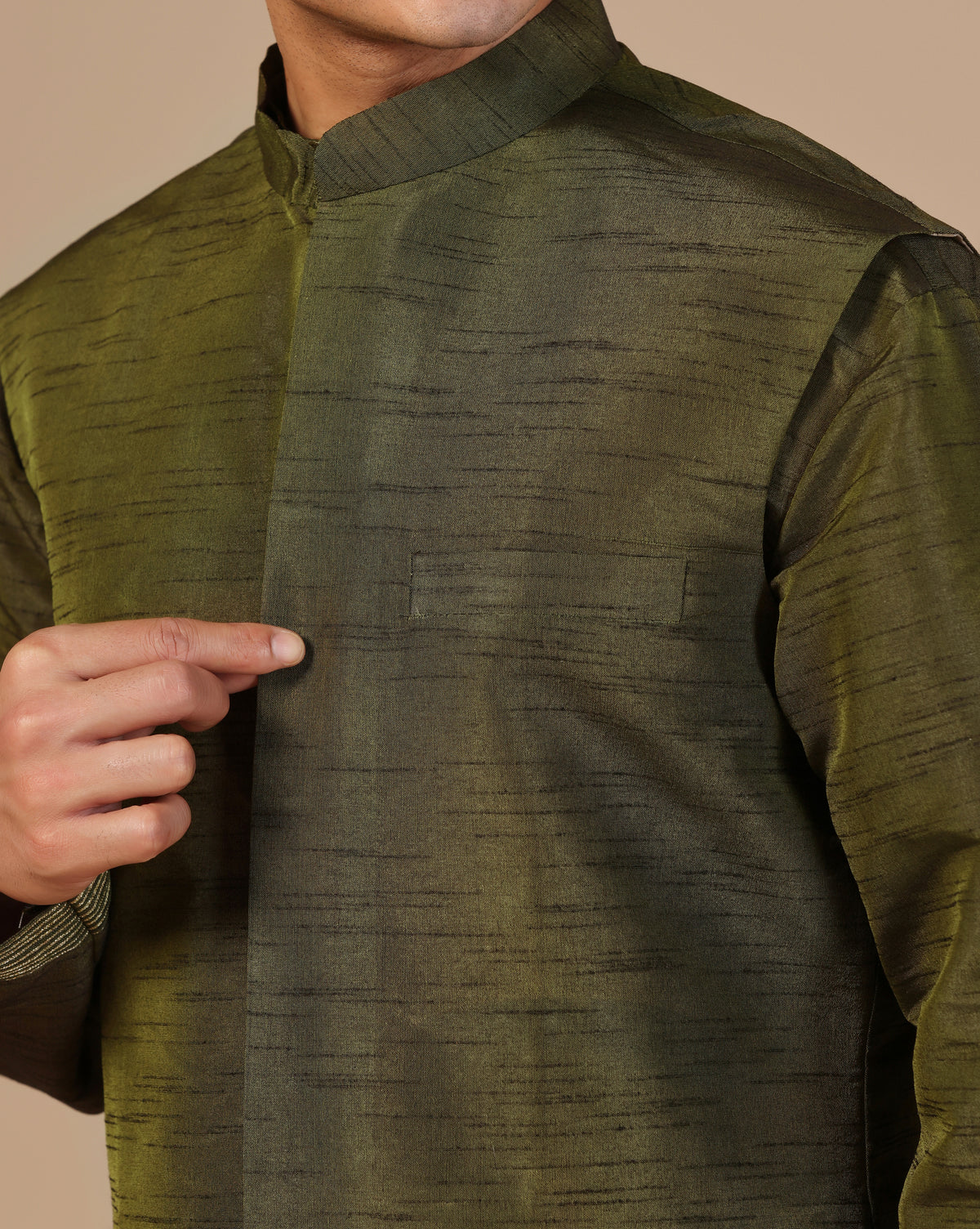 Men's Dupion Silk Olive Green Kurta Set With Nehru Jacket