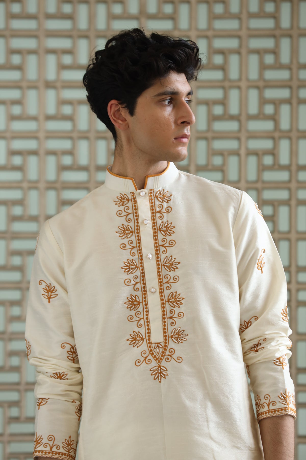 Classic Ivory Dupion Silk Embroidered Men's Kurta Set