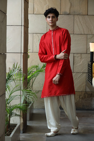 Royal Red Dupion Silk Mirror Kurta Set