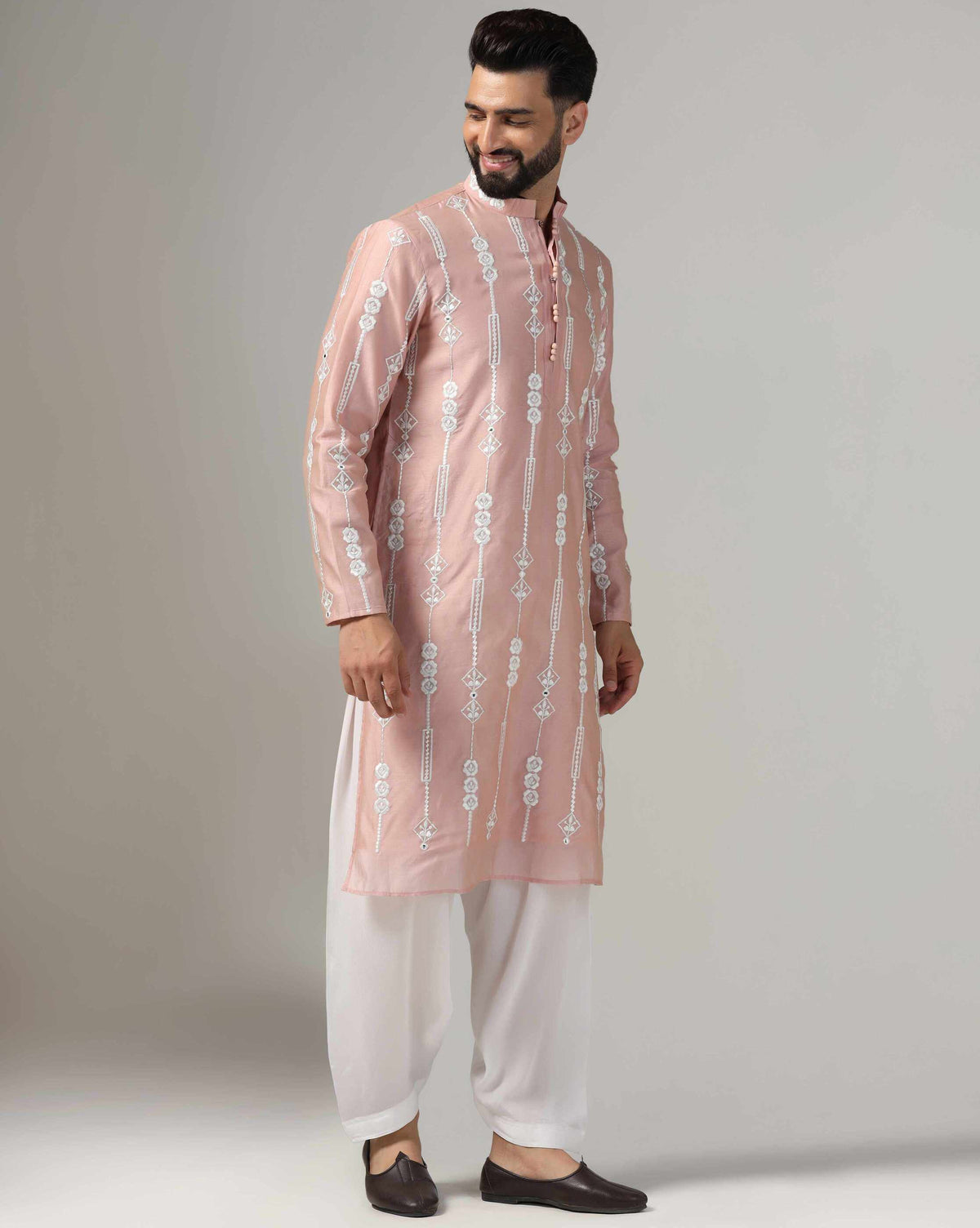 Dusty Pink Chanderi Embroidered Men's Kurta Salwar Set