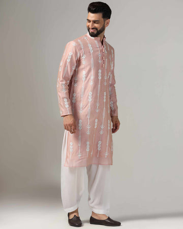 Dusty Pink Chanderi Embroidered Men's Kurta Salwar Set