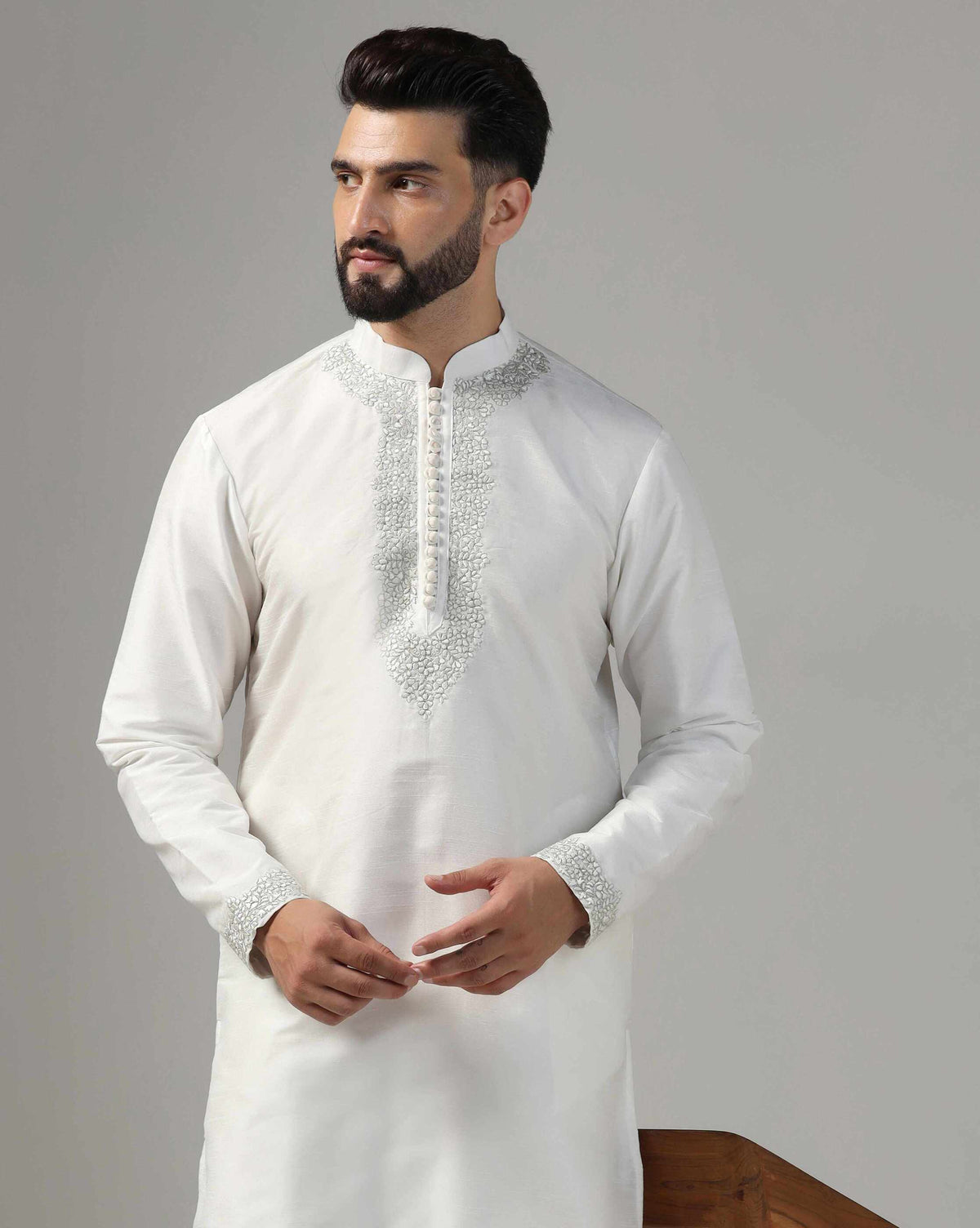 Classic White Dupion Silk Embroidered Kurta Set