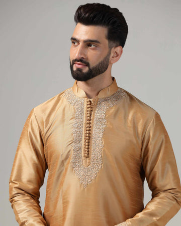 Gold Dupion Silk Embroidered Men's Kurta Set