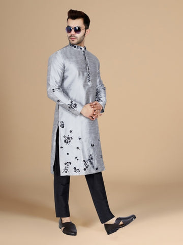 Silver Dupion Silk Embroidered Men's Kurta Set