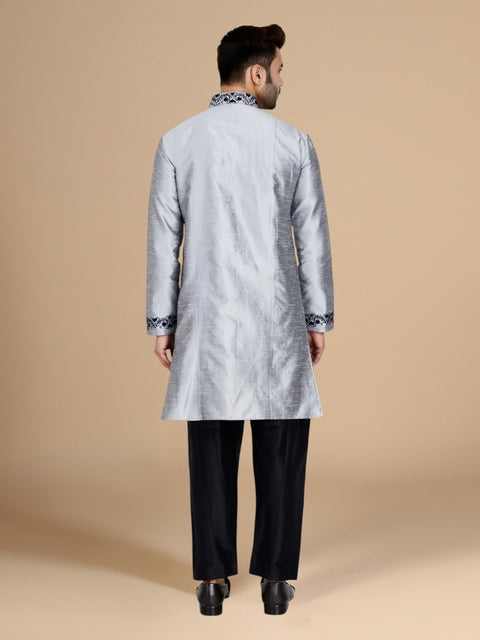 Silver Dupion Silk Embroidered Men's Kurta Set