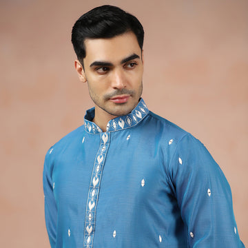 Blue Chanderi Embroidered Men's Kurta Set
