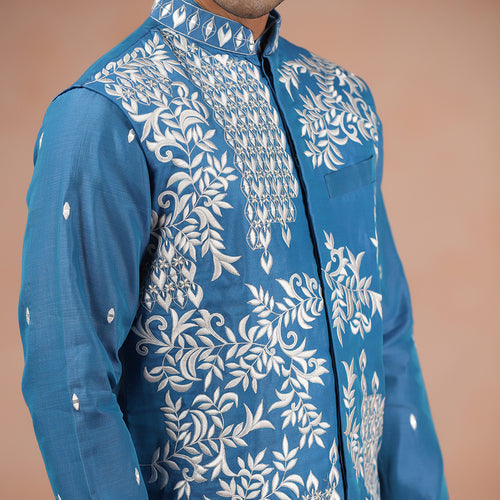 Blue Chanderi Men's Kurta Set With Embroidered Nehru Jacket