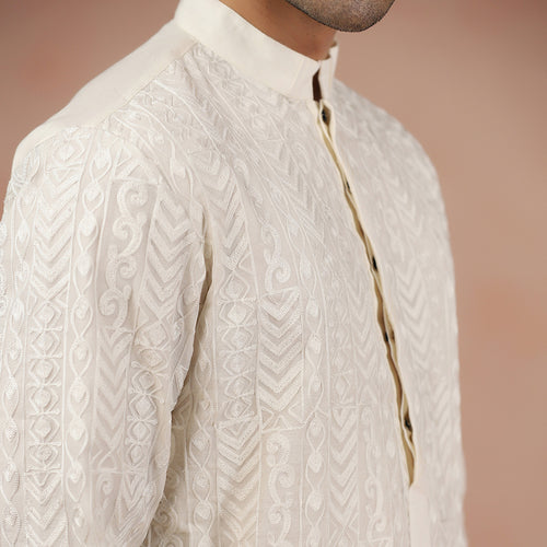 Cream Chanderi Embroidered Kurta Set