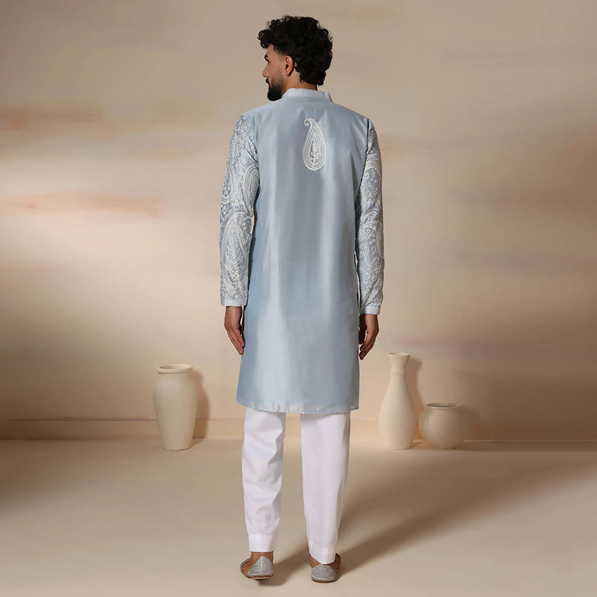 Powder Blue Men's Kurta Set With Delicate Threads Aari Work