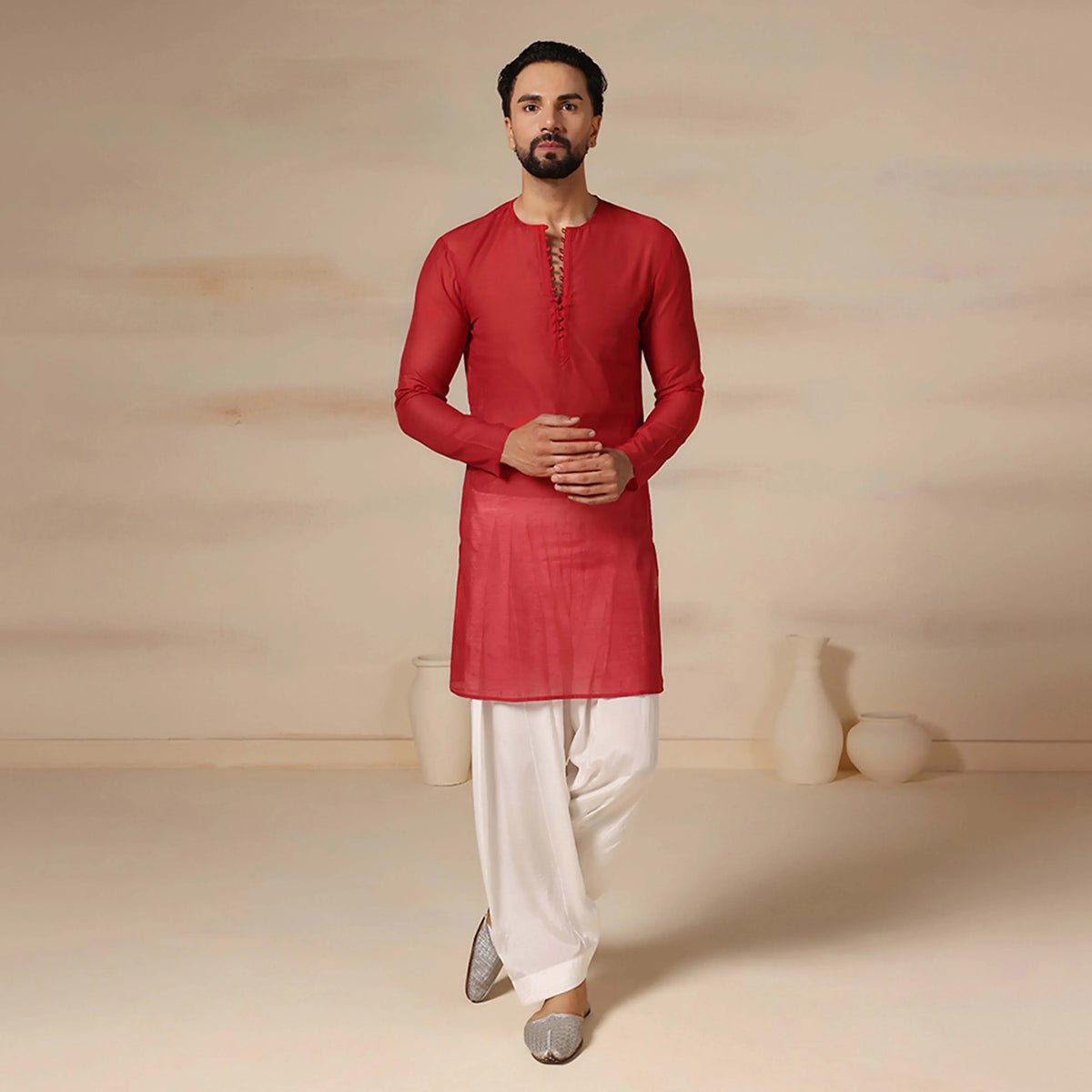 Scarlet Red Bundi Jacket Aari Works With Kurta Salwar Set