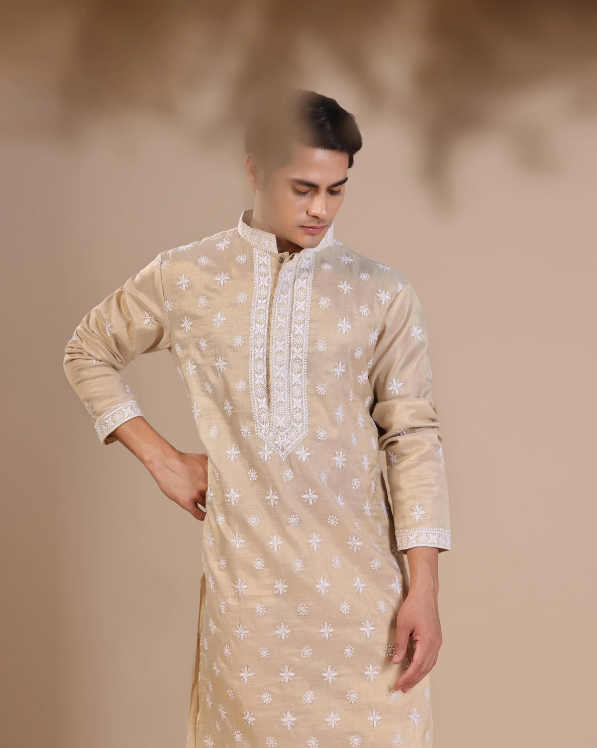 Golden Men's Chikankari Kurta With Mukesh Embellishments
