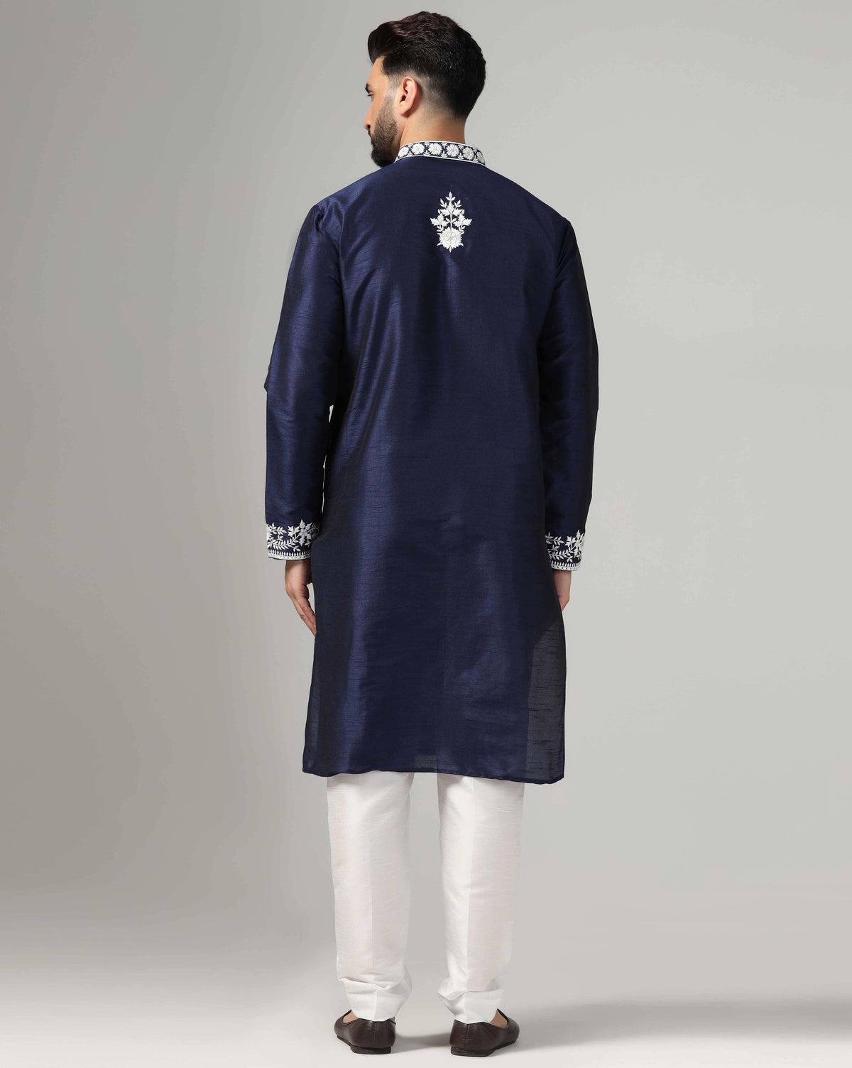 Elegant Deep Blue Men's Kurta Set With Intricate White Resham Work