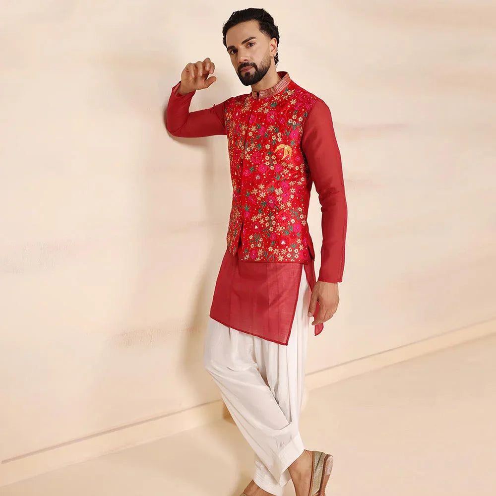 Red Embroidered Nehru Jacket