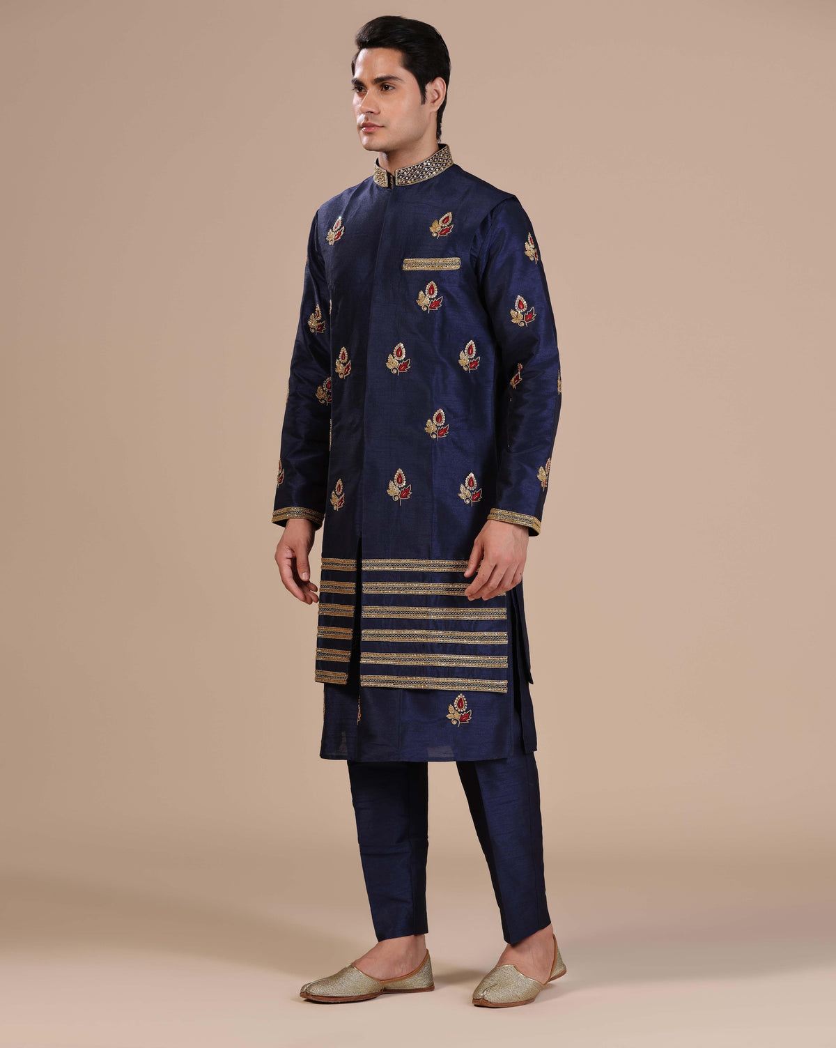 Blue Monotone Kurta Set With Long Jacket