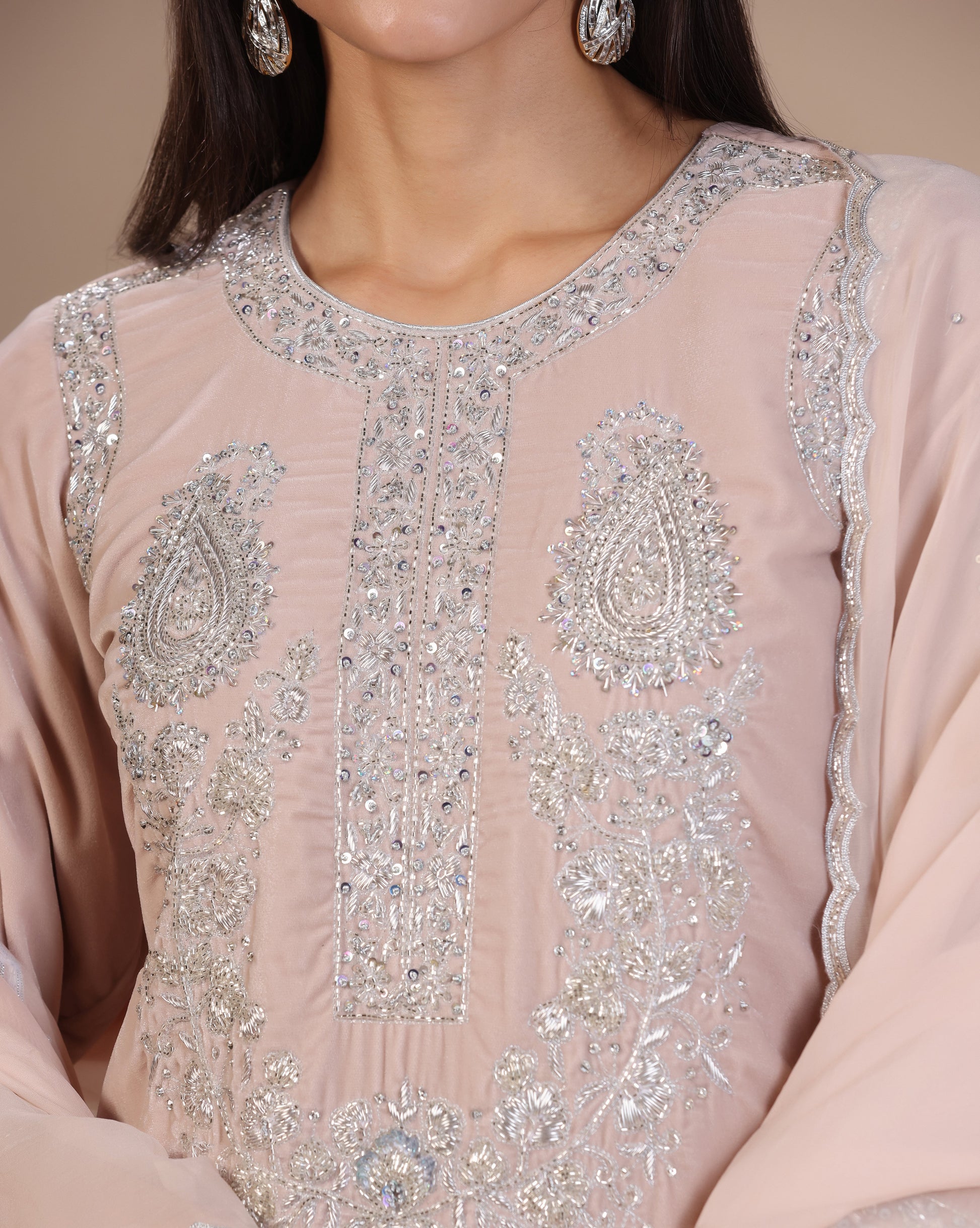 Velvet Blush Pink Embroidered Kurta Set