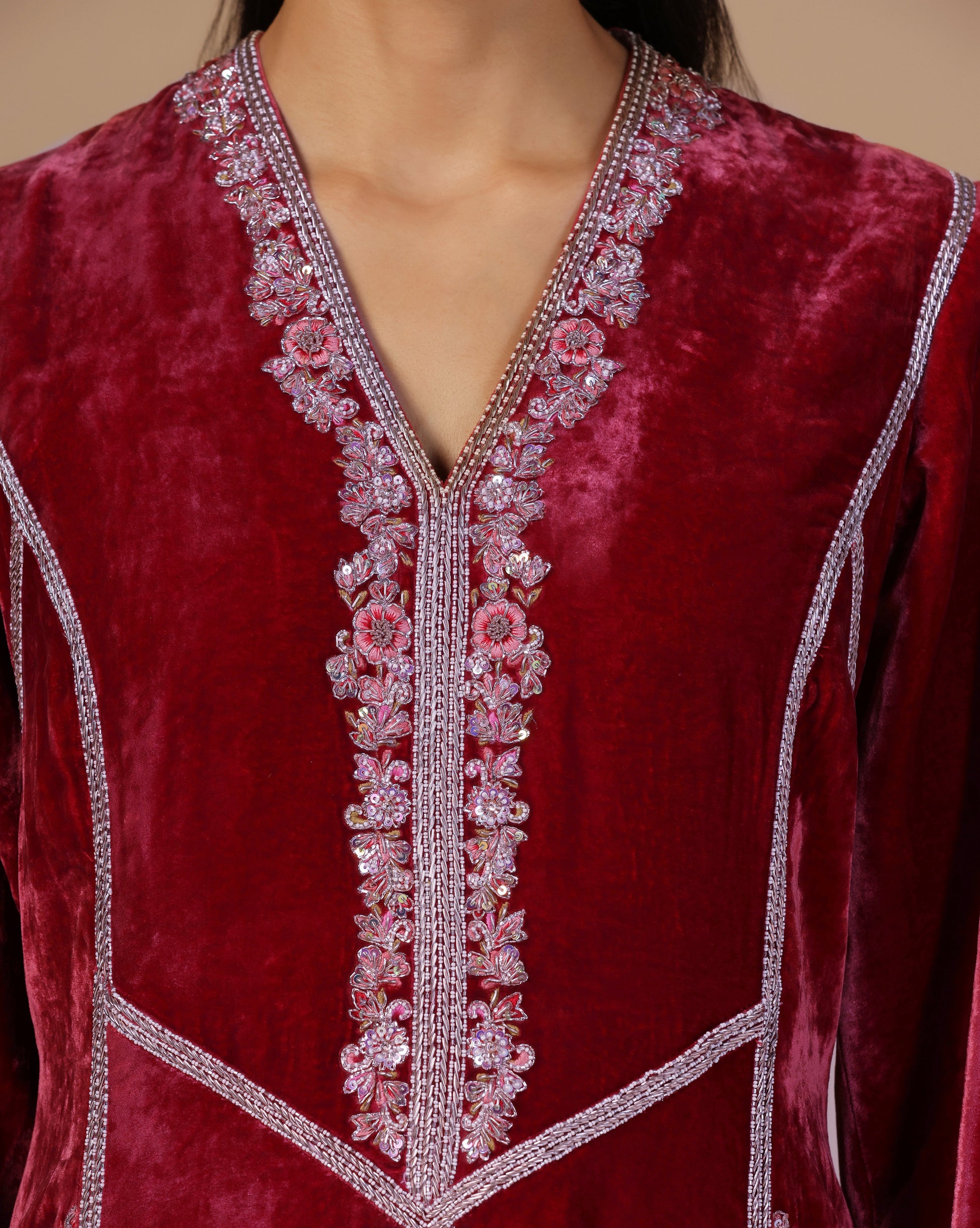 Maroon Red Velvet Embroidered Kurta Set