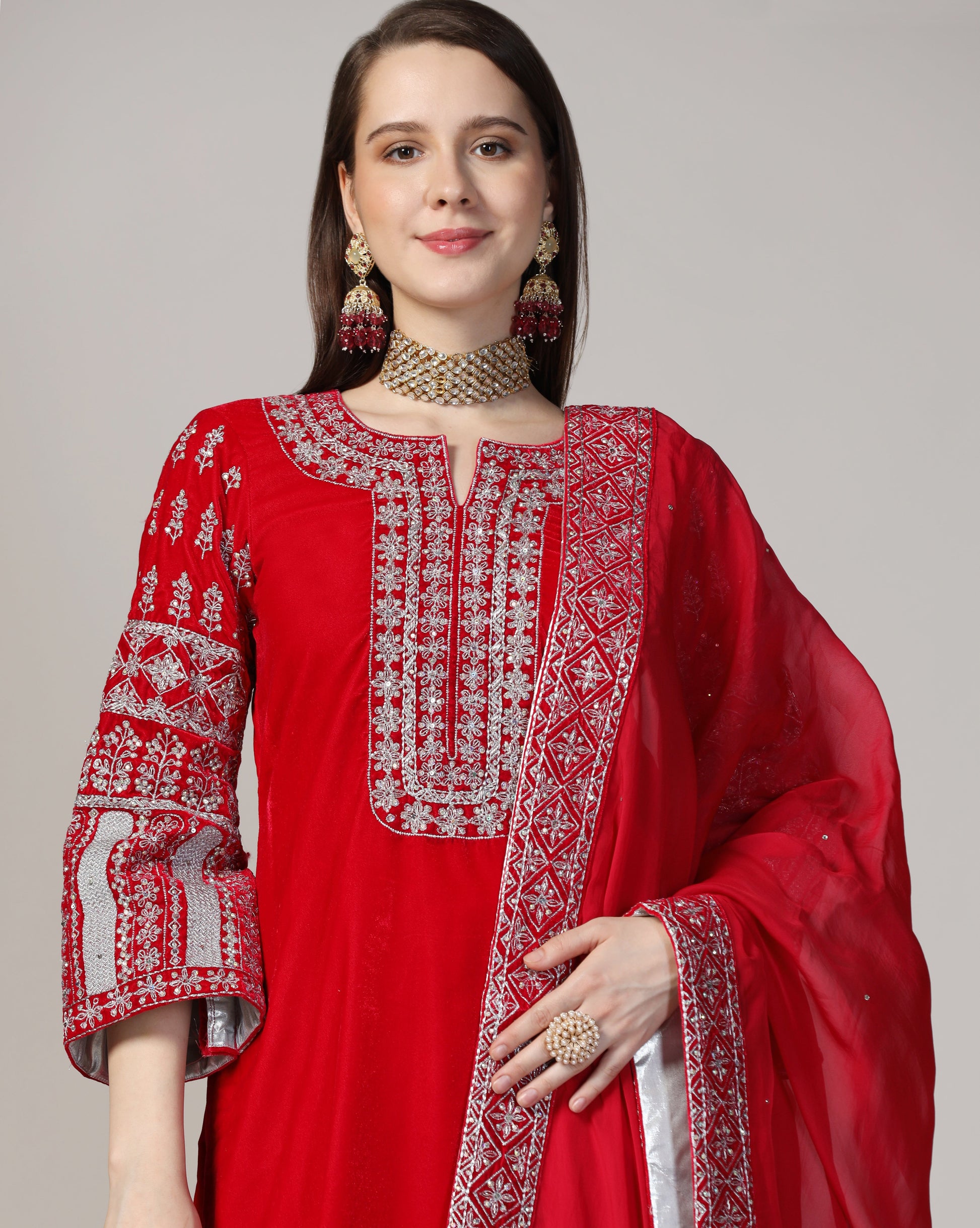 Velvet Hot Pink Silver Embroidered Kurta Set