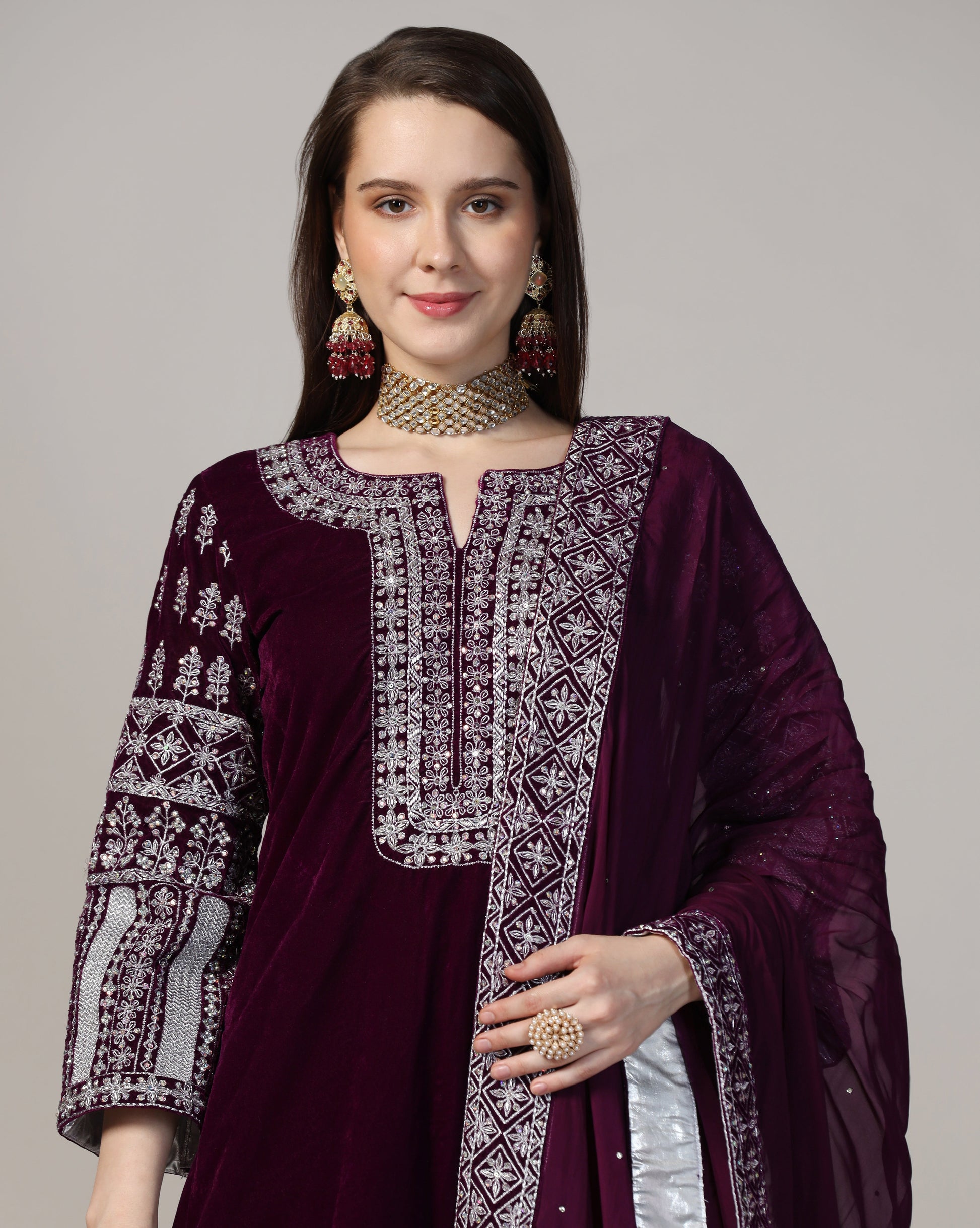 Velvet Royal Wine Silver Embroidered Kurta Set