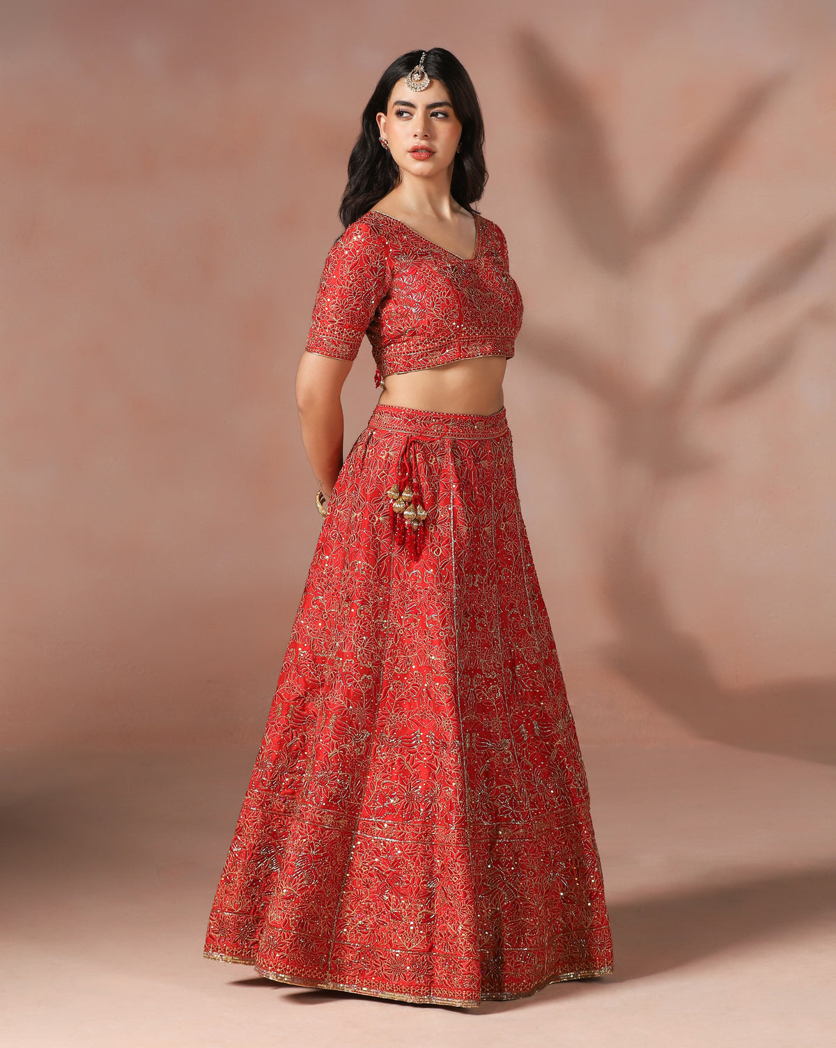 Classic Dupion Silk Red Lehenga With Thread Embroidery, Sequins & Cutdana Accents