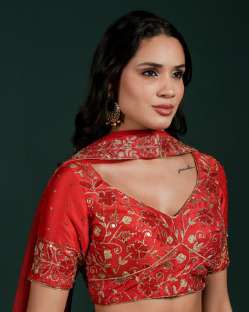 Dupion Silk Red Aari Embroidery Lehenga