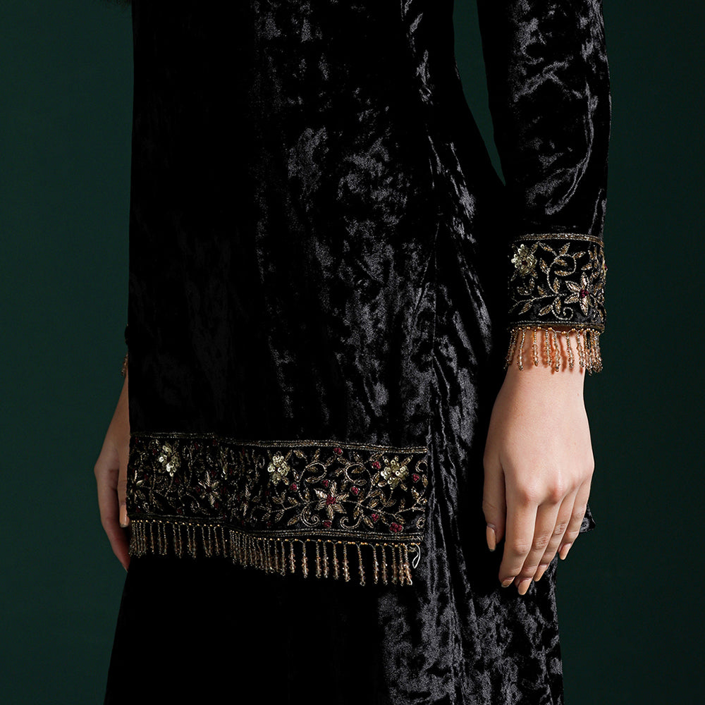 Velvet Black Maroon Kurta Sharara Set