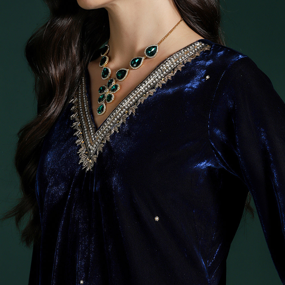 Velvet Blue Embroidered Kurta Set