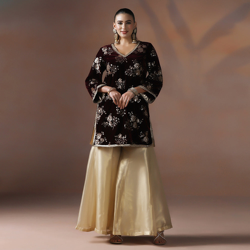 Velvet Maroon Gold Kurta Sharara Set