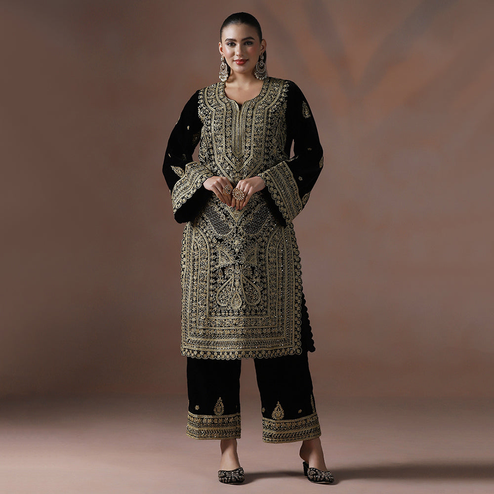 Black Velvet Dori Embroidered Kurta Set