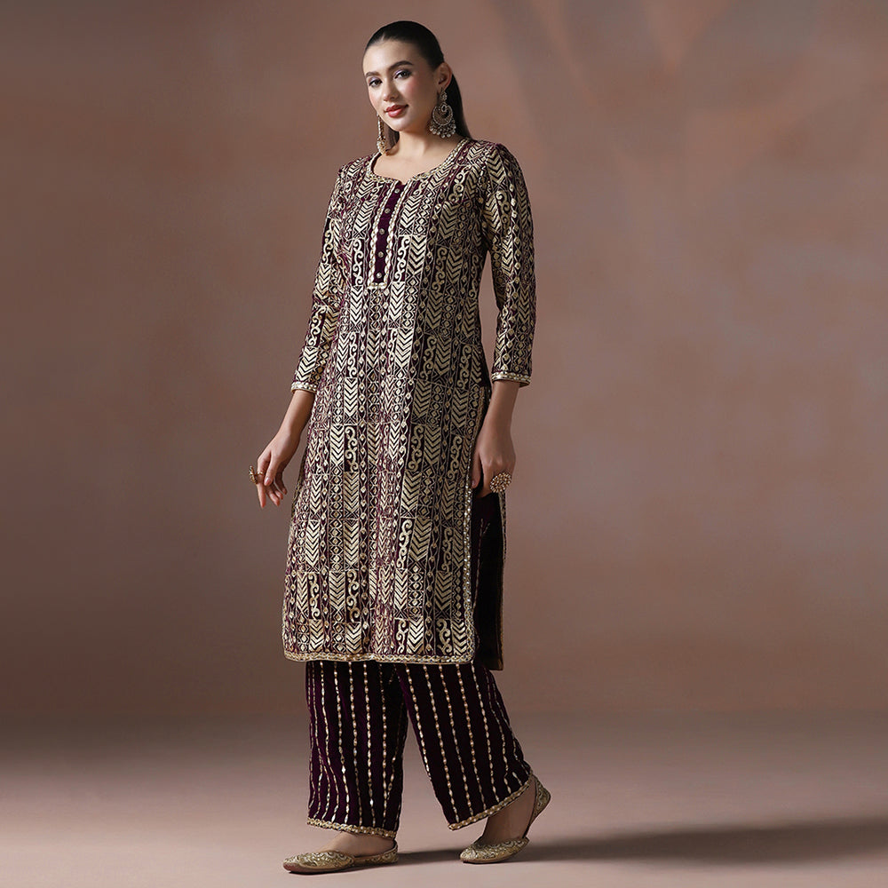 Wine Velvet Aari Mirror Embroidered Kurta Set