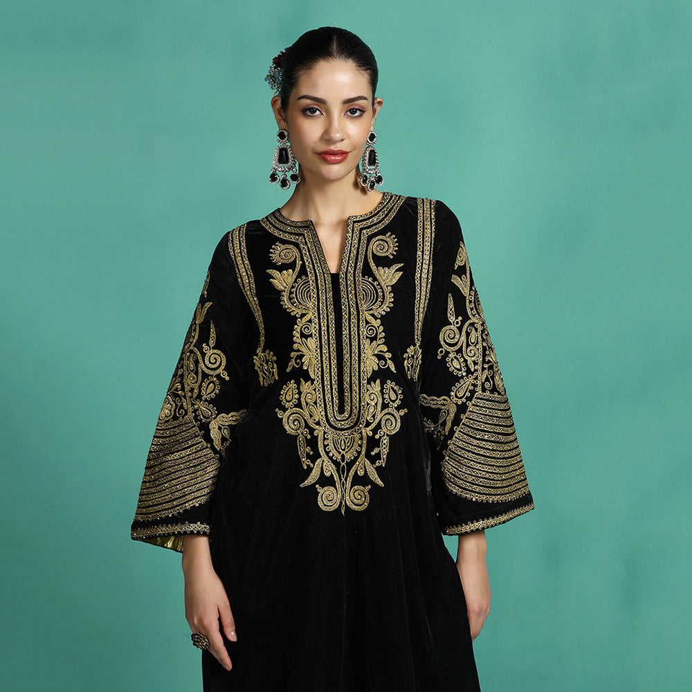 Black Velvet Embroidered Kurta Set