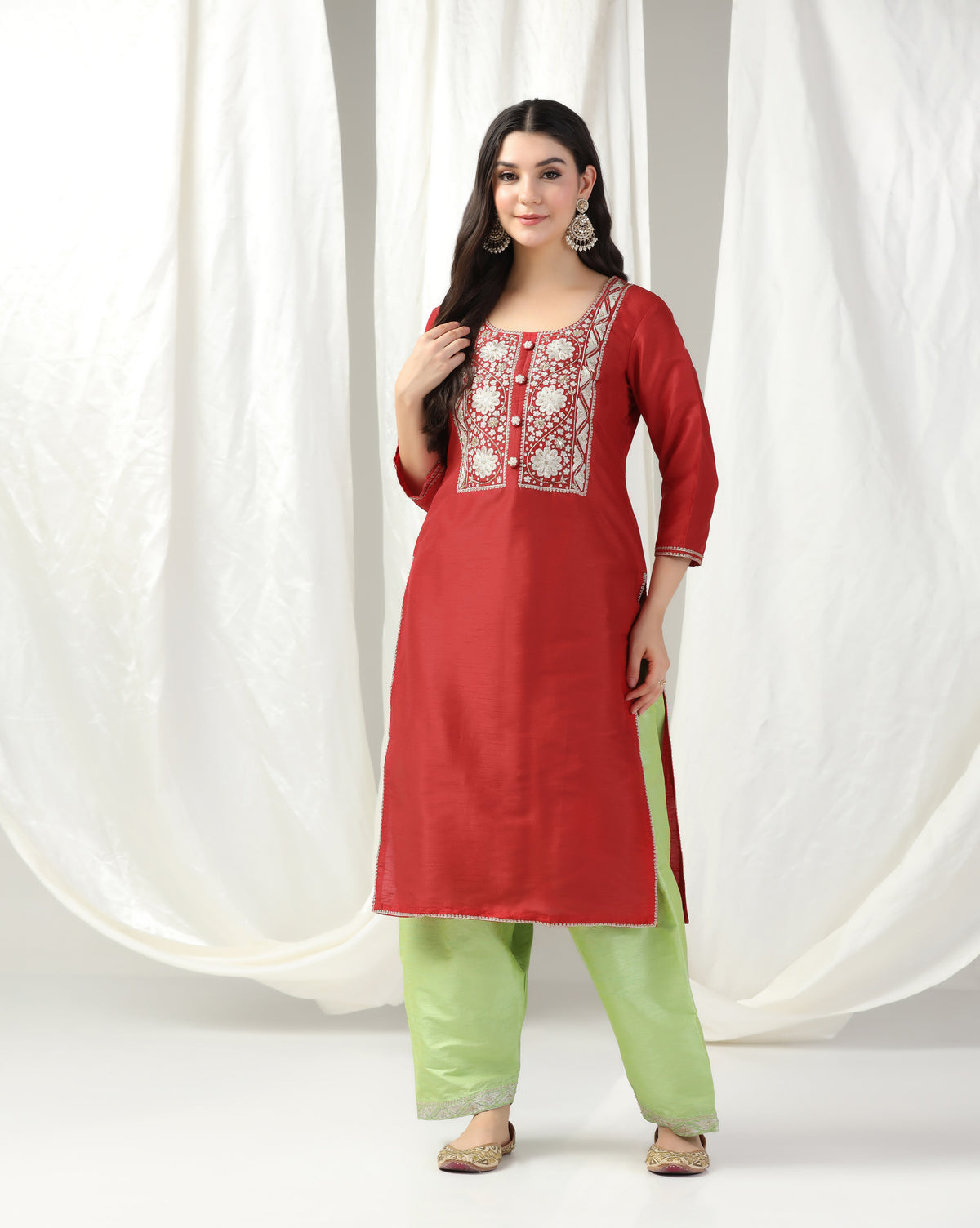 Aari Embroidered Red Kurta Set With Dupatta
