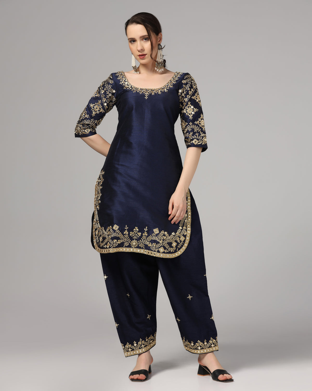 Blue Dupion Silk Suit With Blue Dupatta Zari Thread & Mirror Work.