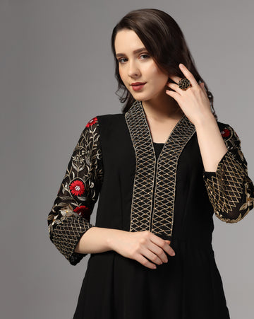 Georgette Black Embroidered Long kurti