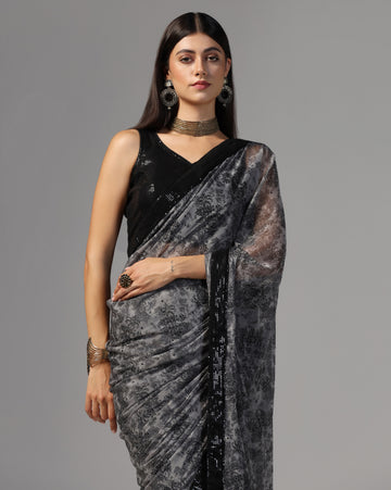 Printed Net Sequin Border Saree