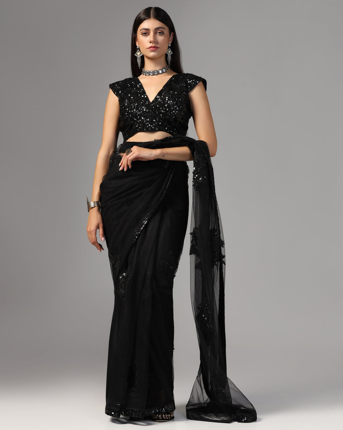 Black Net Hand Embroidered Saree