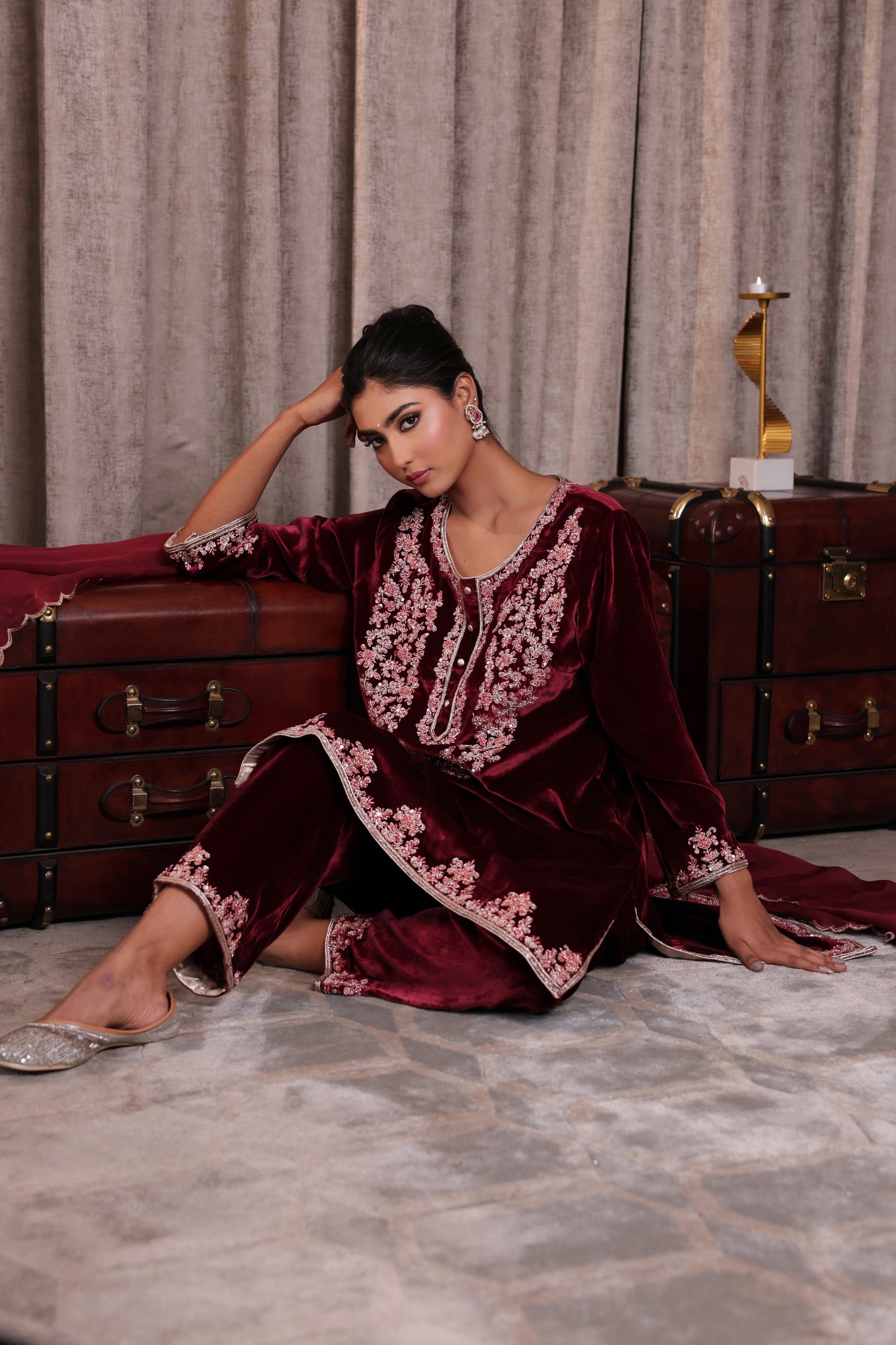 Classic Burgundy Embroidered Velevet Kurta Set