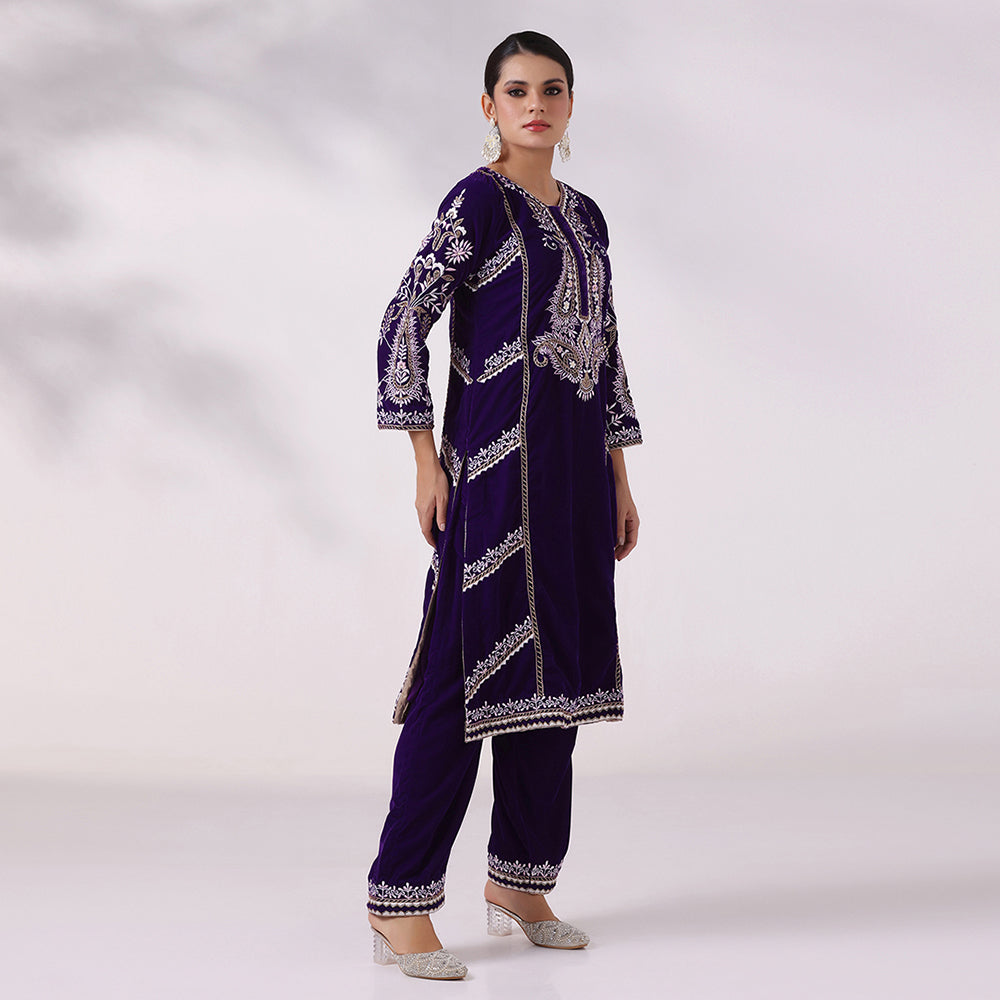 Purple Thread Embroidered Kurta Set