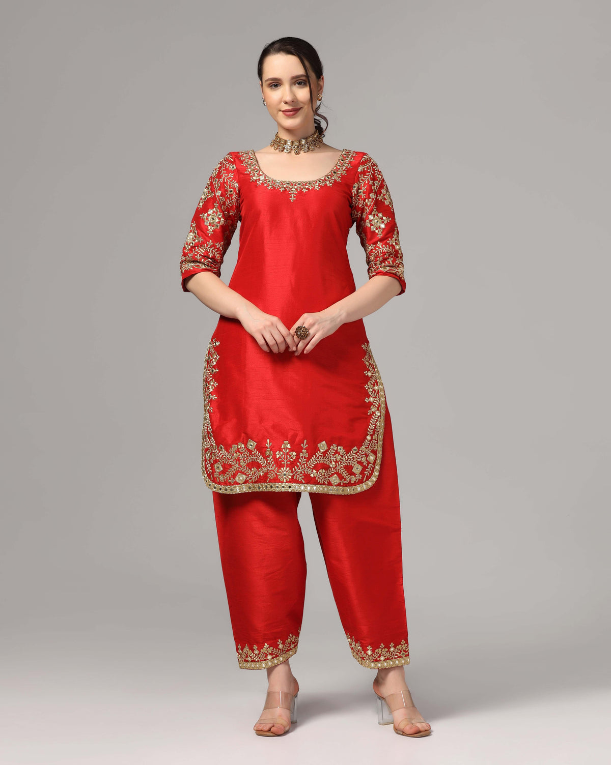 Red Dupion Silk Suit With Blue Dupatta Zari Thread & Mirror Work.