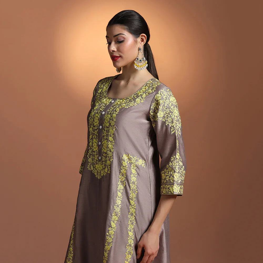Green Chanderi Embroidered Suit