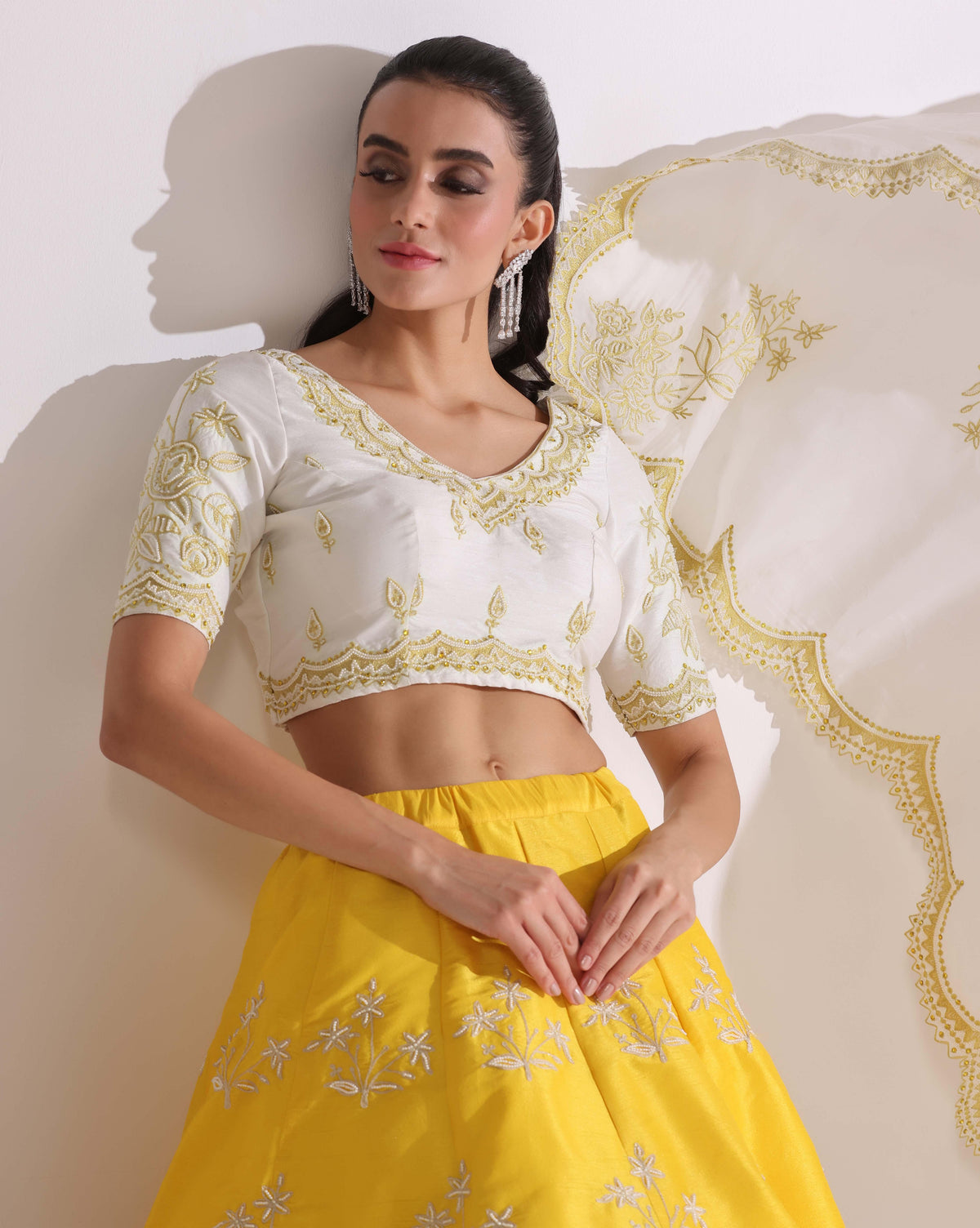 Off-White Yellow Pearl Embroidered Lehenga