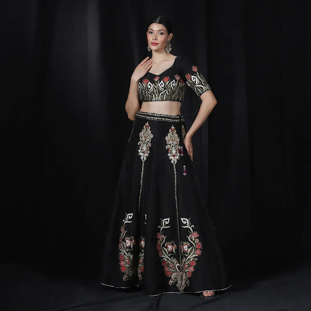 Black Multi Thread Embroidered Lehenga