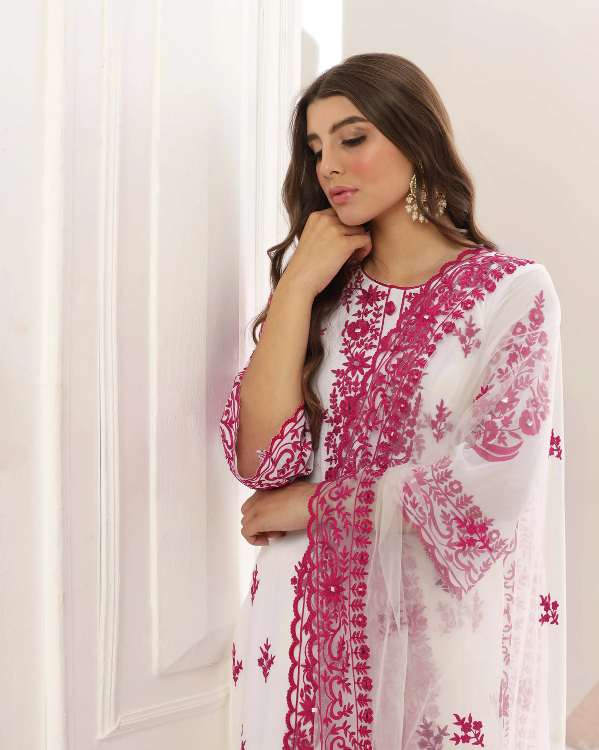 Vibrant Fuchsia Mirror Kurta Palazzo Set With Aari Detailing