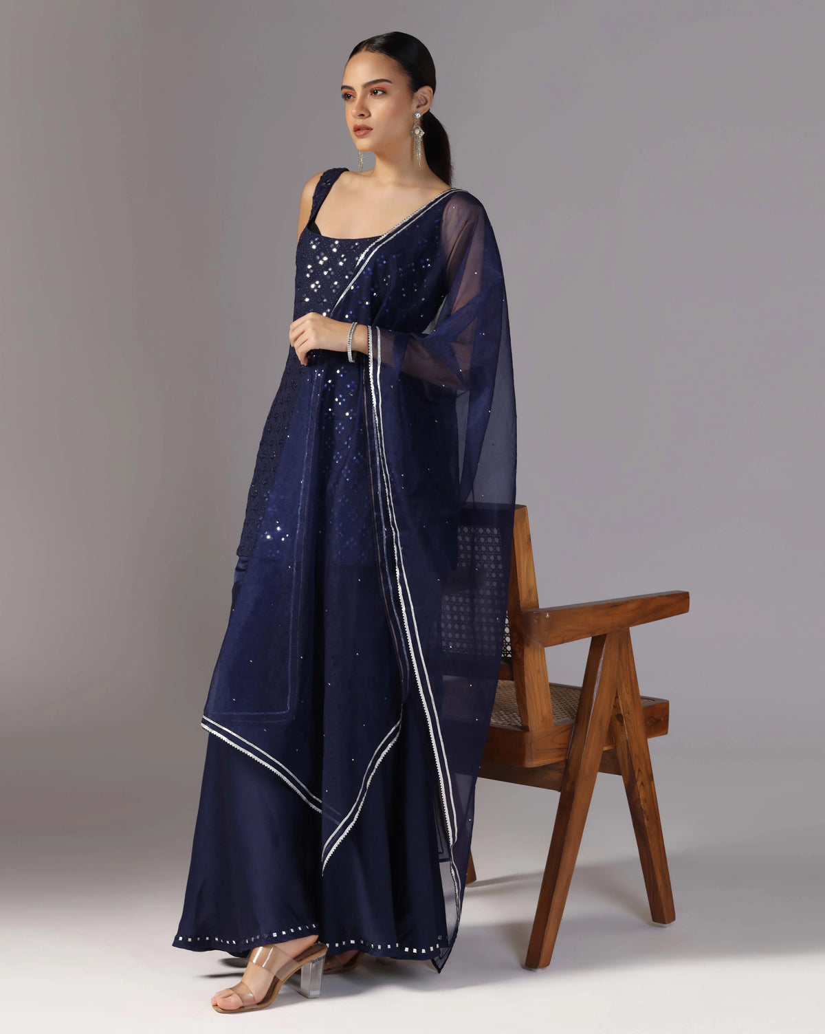 Cosmic Blue Mirror Kurti With Chiffon Sharara
