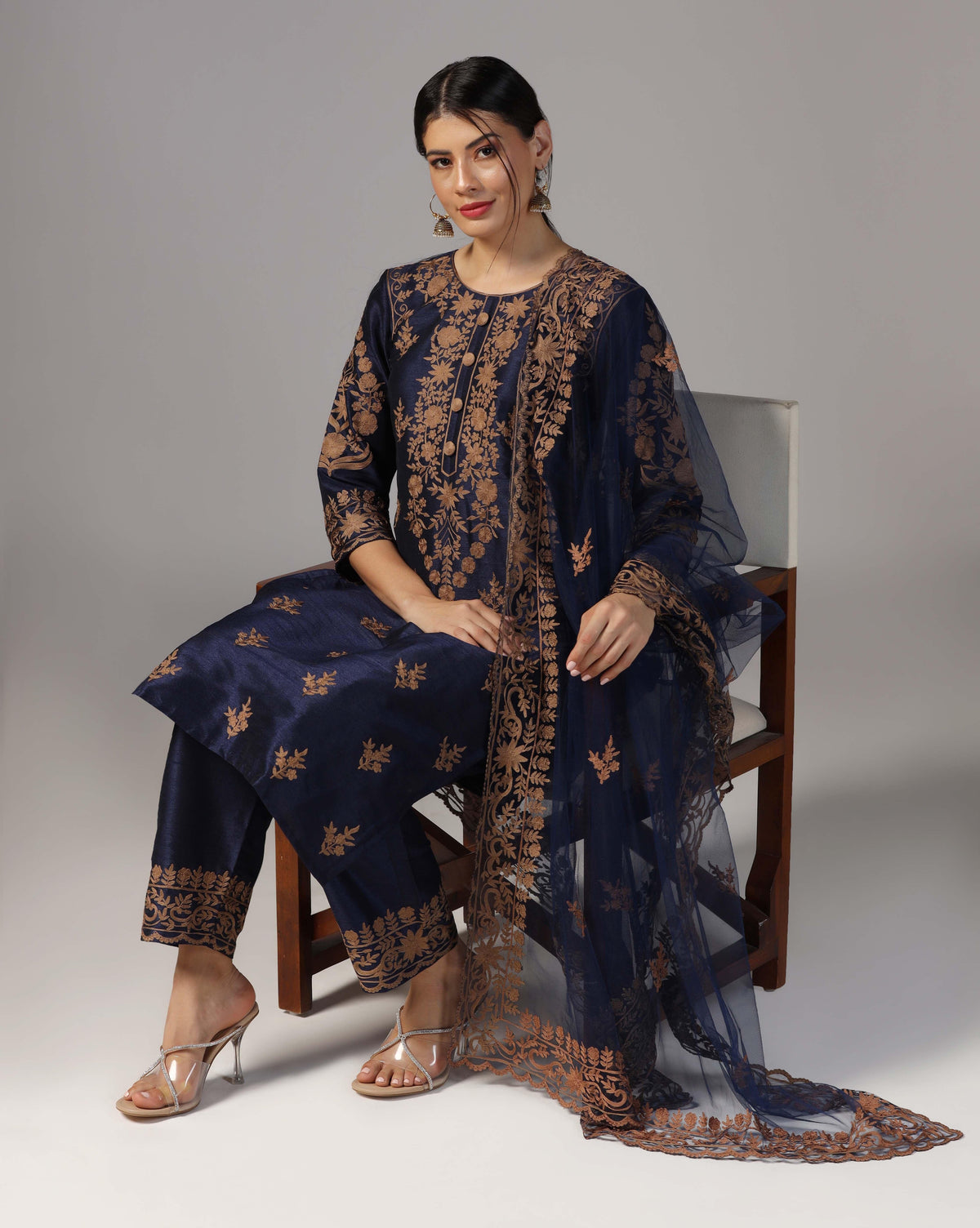 Thread Embroidered Navy Blue Kurta With Pant & Dupatta