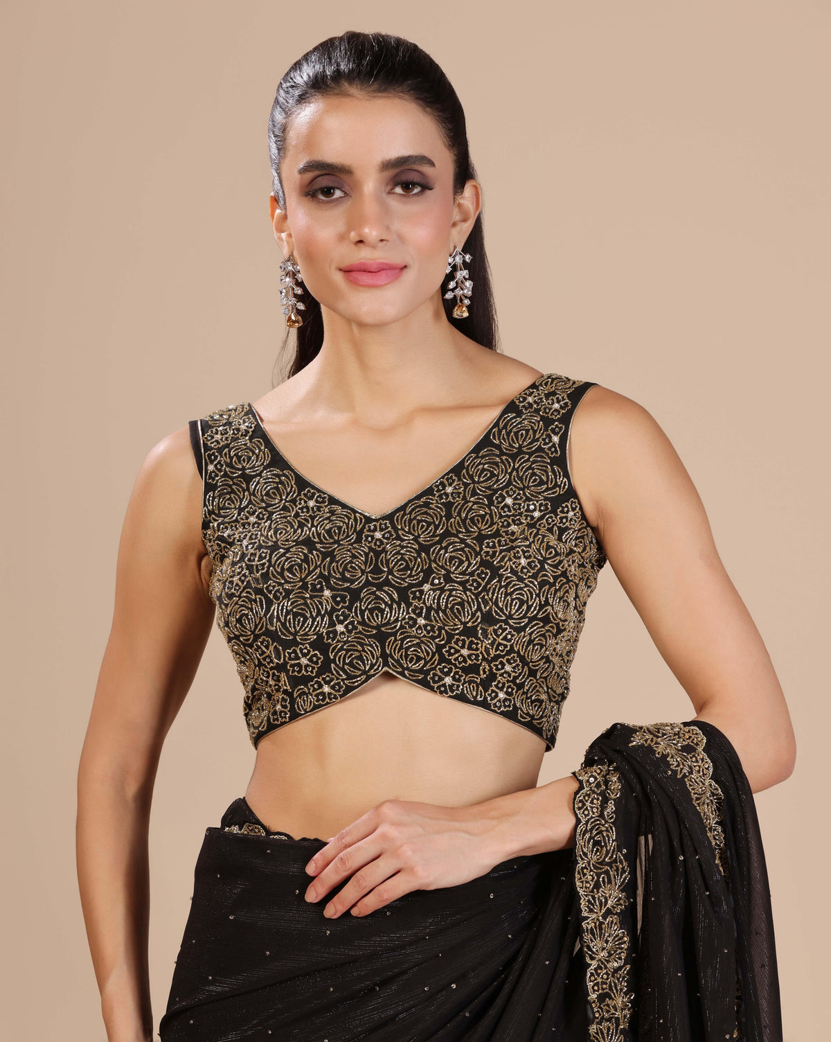 Black Cut Dana Chiffon Saree With Unstitched Blouse